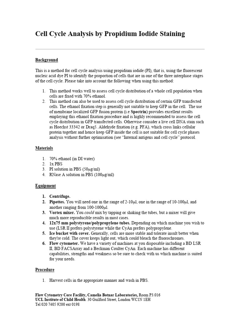Cell Cycle Analysis with Propidium Iodide | PDF | Staining | Life Sciences