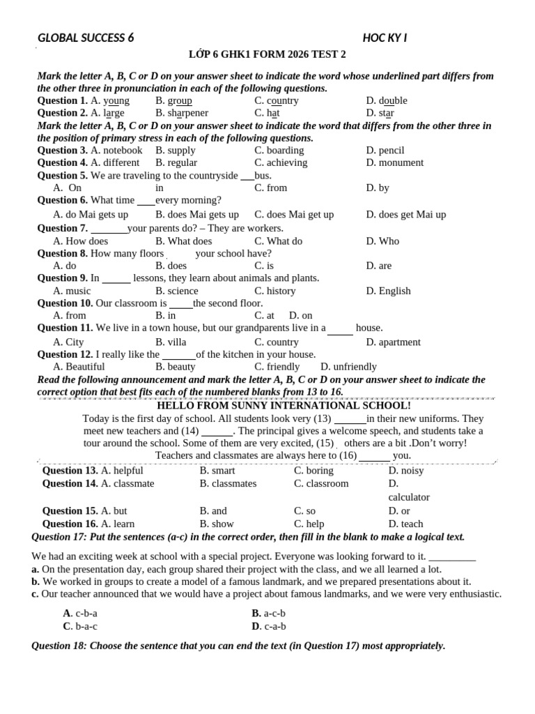 Grade 6 English Exam Practice Test | PDF