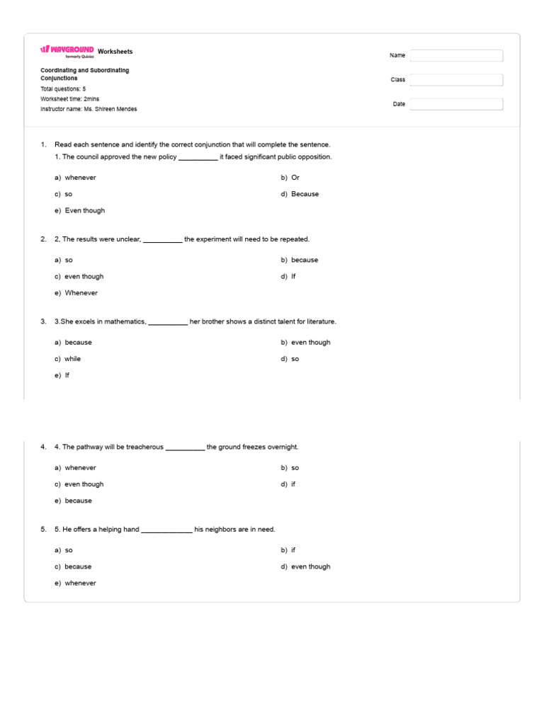 Coordinating and Subordinating Conjunctions - Wayground | PDF