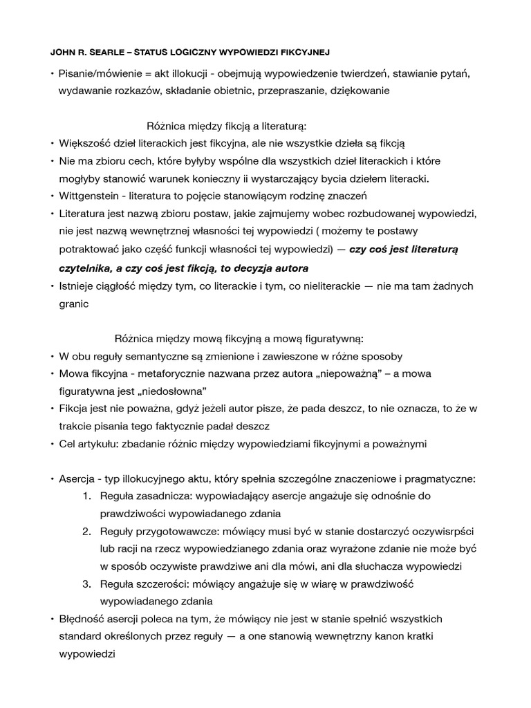 Searle - Status Logiczny Wypowiedzi Fikcyjnej | PDF