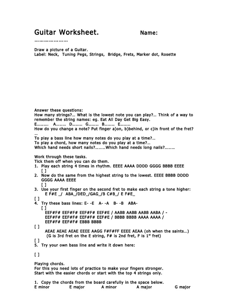 Guitar Worksheet PDF