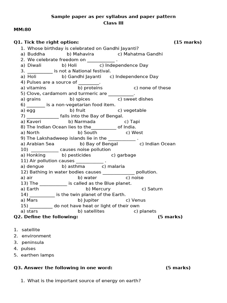 Class III Sample Paper: Syllabus & Pattern | PDF