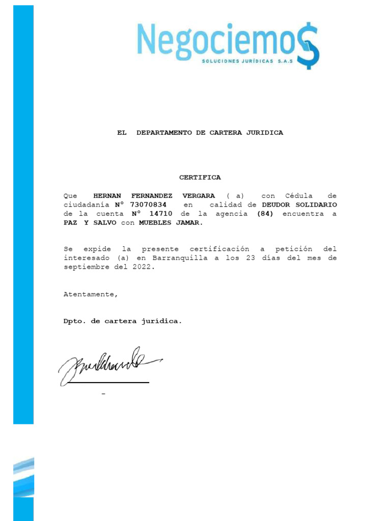 Certificación Paz y Salvo Jamar | PDF