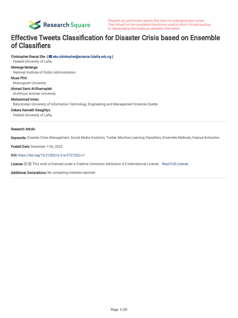 Ensemble Classifiers for Disaster Tweet Analysis | PDF | Receiver ...