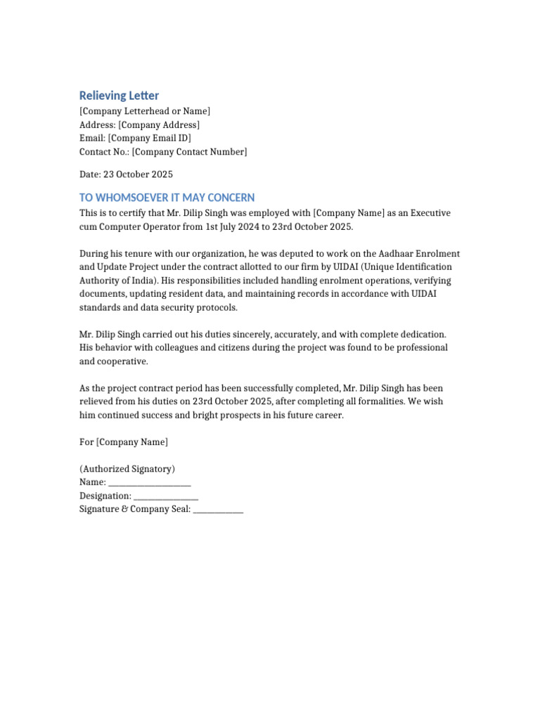 Employment Relieving Letter for Dilip Singh | PDF