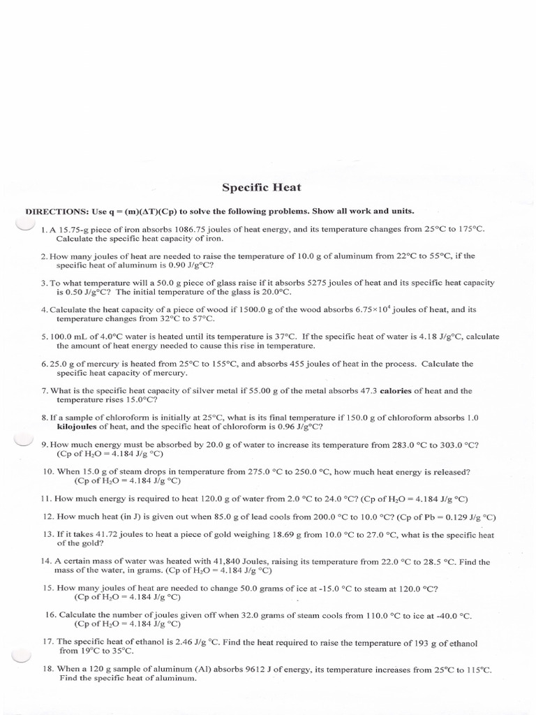 Specific Heat Capacity Questions and Answers | PDF