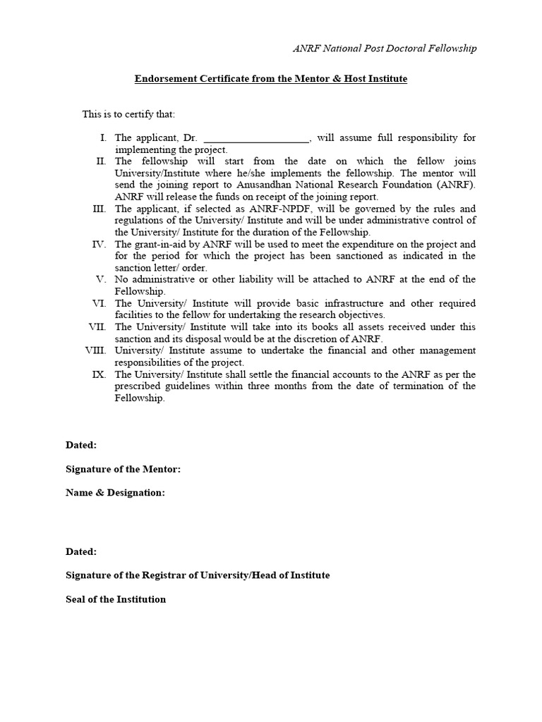 ANRF Postdoctoral Fellowship Endorsement | PDF