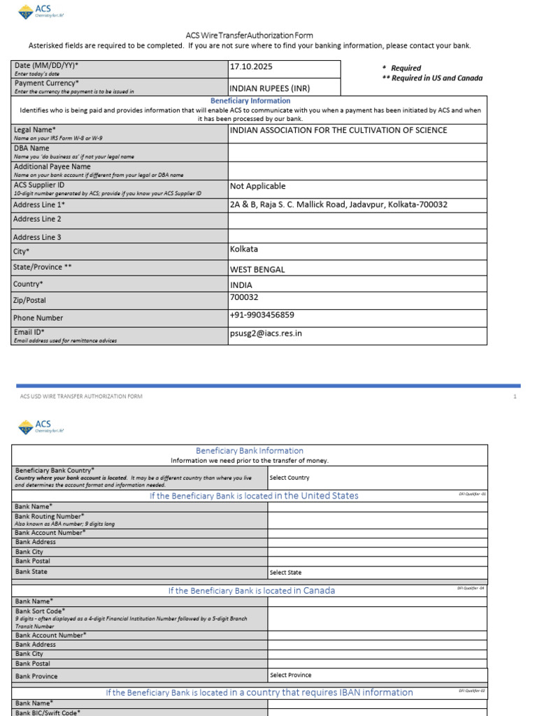 ACS USD Wire Transfer Form | PDF | Wire Transfer | Banking