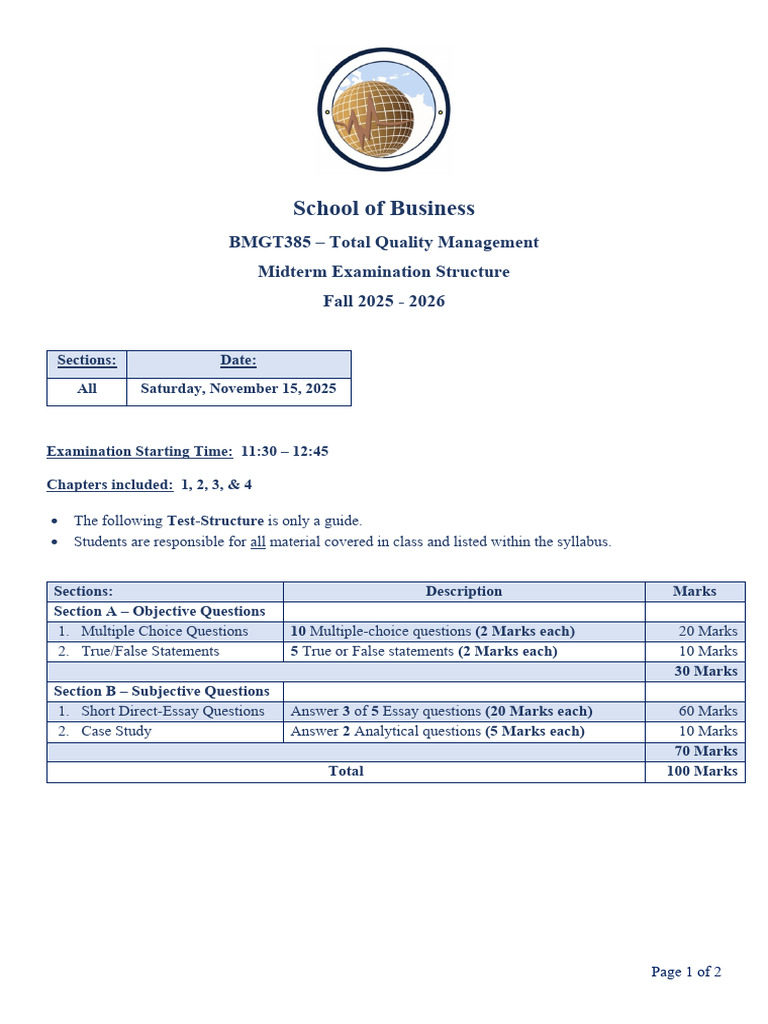 BMGT385 - Midterm Examination Structure - Fall 2025 2026 | PDF ...
