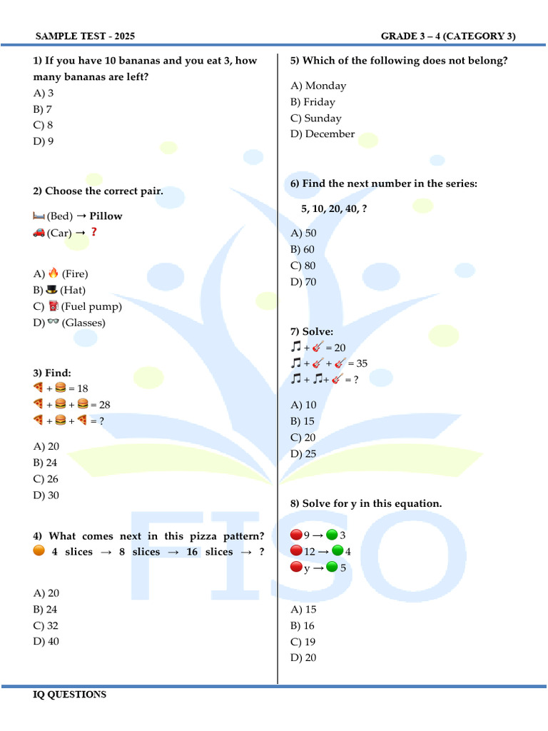 Grade 3 IQ Test Sample Questions | PDF