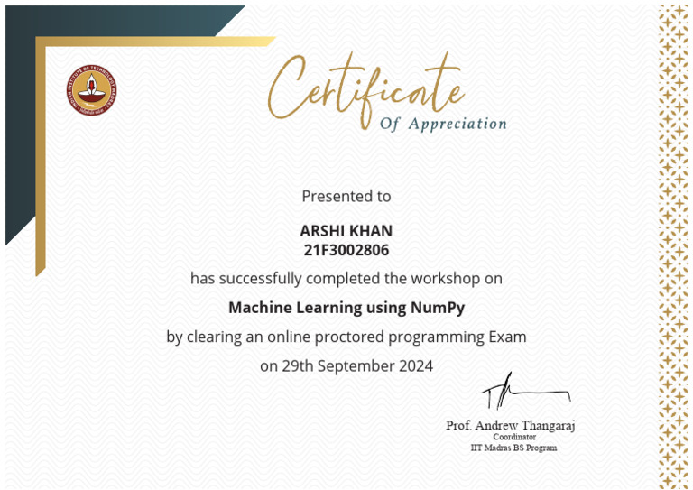 Machine Learning Workshop Certificate | PDF