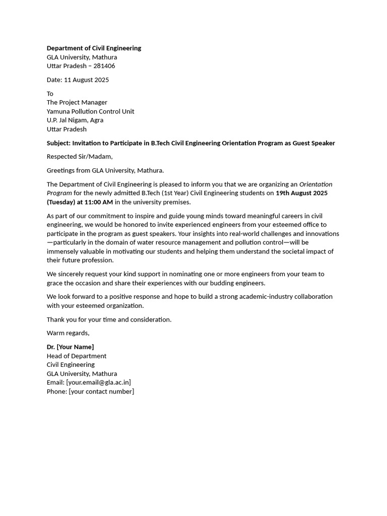 Invitation for B.Tech Civil Engineering Orientation | PDF
