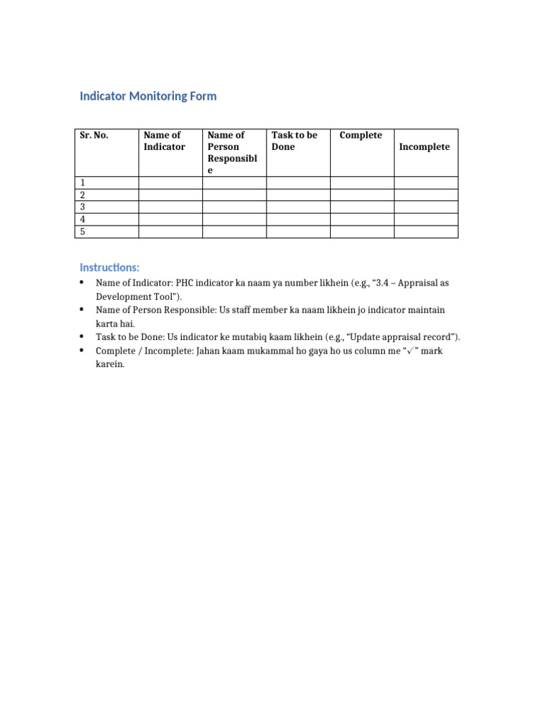 PHC Indicator Monitoring Form | PDF