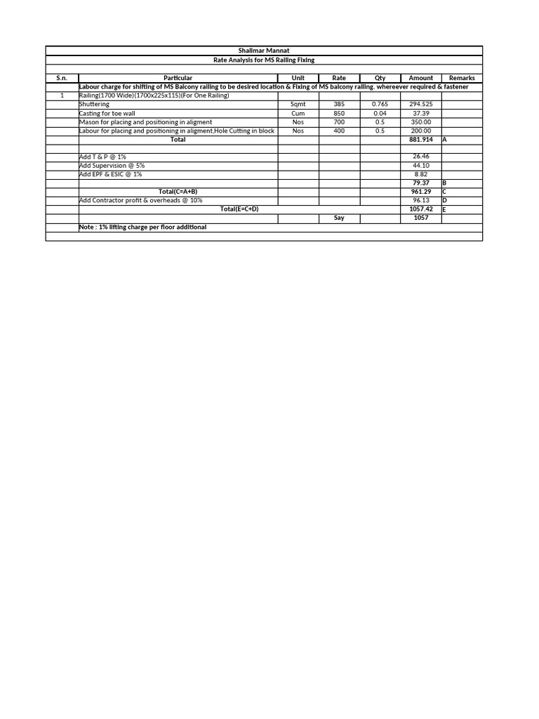 MS Railing Fixing Rate Analysis | PDF