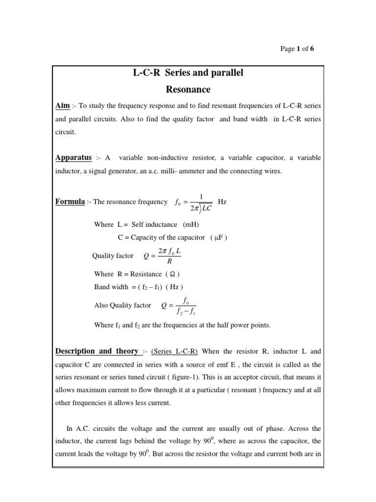 LCR Circuit Resonance Experiment Guide | PDF | Series And Parallel ...