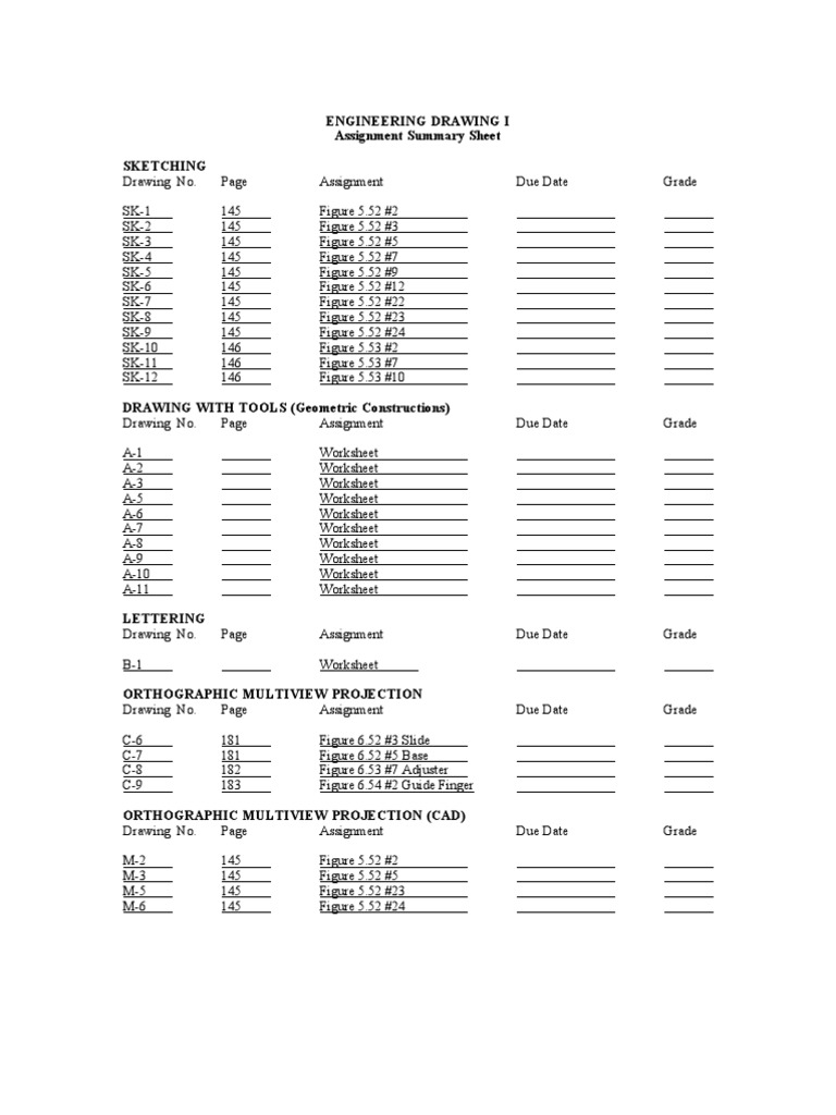 Engineering Drawing I Assignment Summary Sheet Sketching | PDF ...