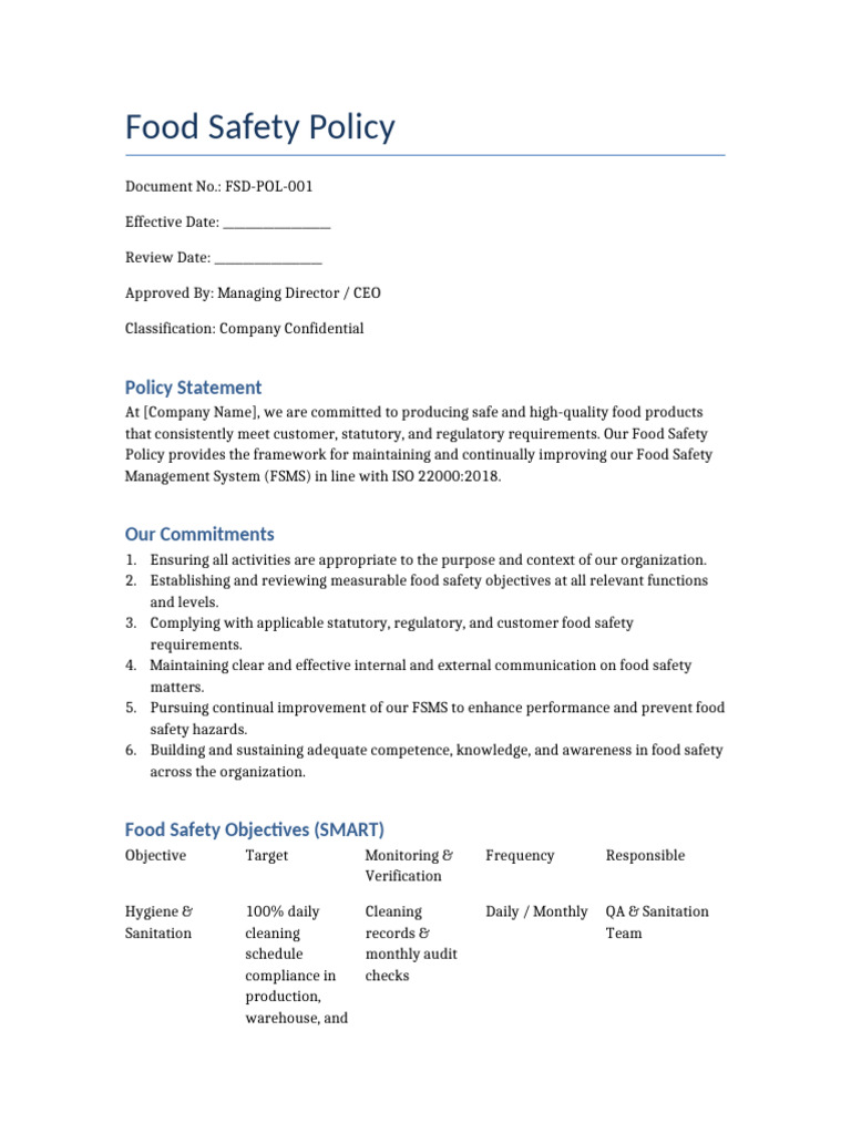 Food Safety Policy Overview and Objectives | PDF | Food Safety ...