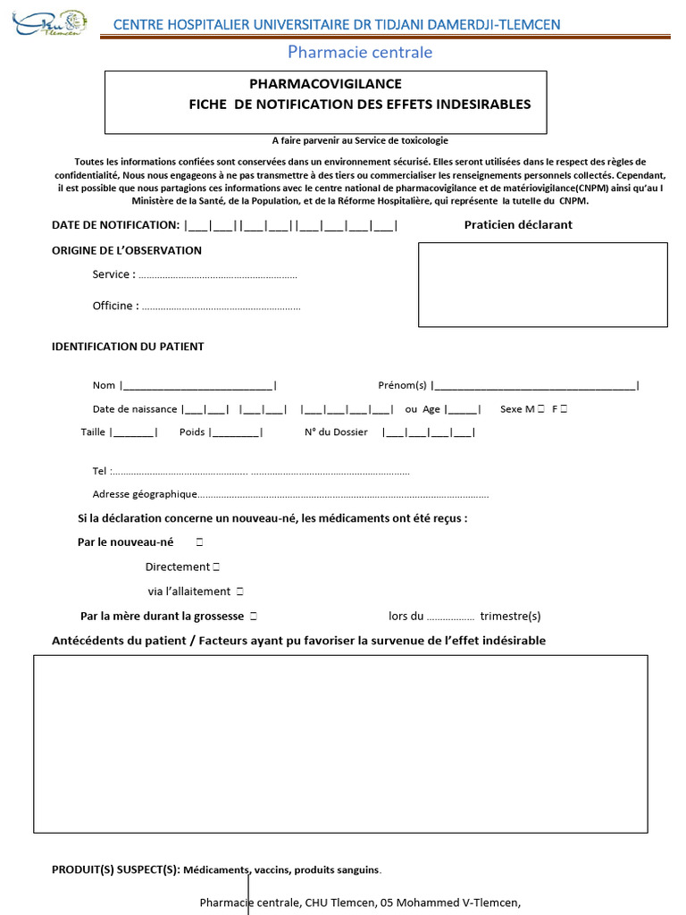 Fiche de Notification des Effets Indésirables | PDF | Effet indésirable ...
