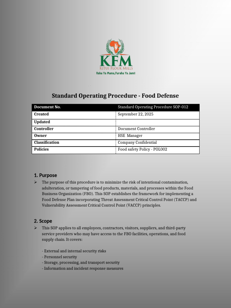 Food Defense Standard Operating Procedure | PDF | Food Safety | Securities