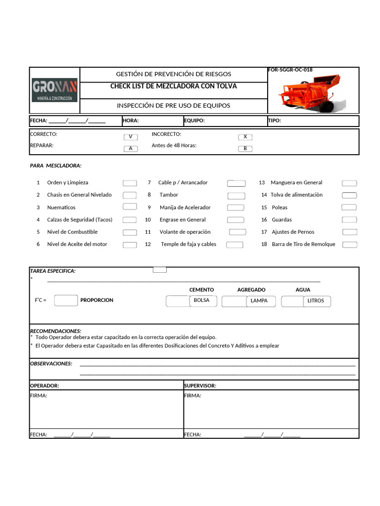 Checklist de Inspección de Mezcladora | PDF