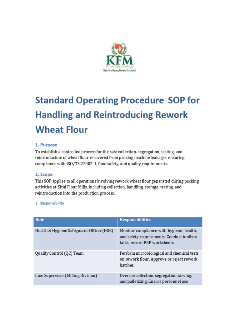 SOP 15 Rework Wheat Flour KFM Critical LMT FNL | PDF | Food Safety ...