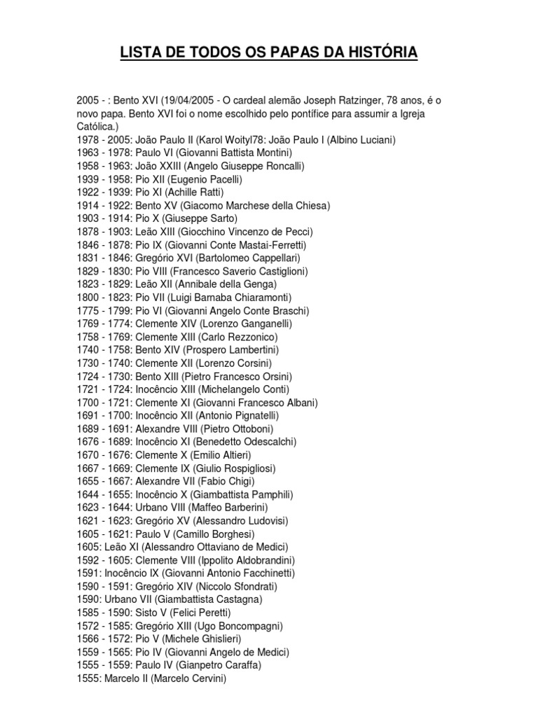 Lista de Todos Os Papas Da História | PDF | Papa | Príncipe-bispo