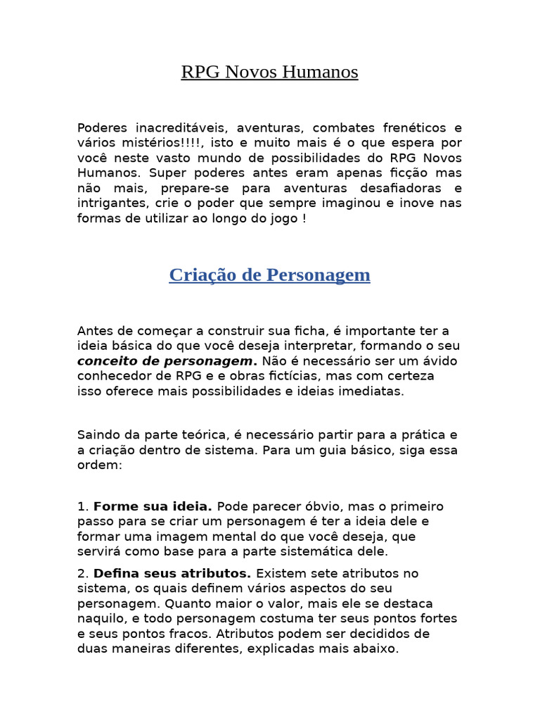 RPG Novos Humanos: Criação de Personagem | PDF | Jogos de RPG