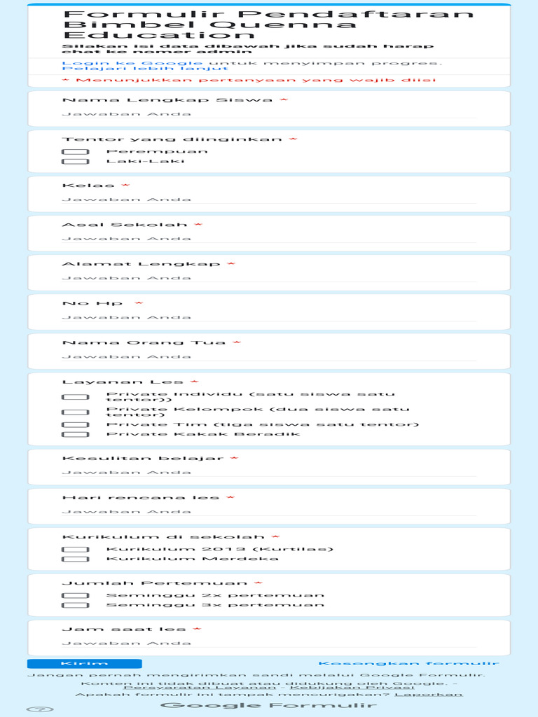 Formulir Pendaftaran Bimbel Quenna Education | PDF