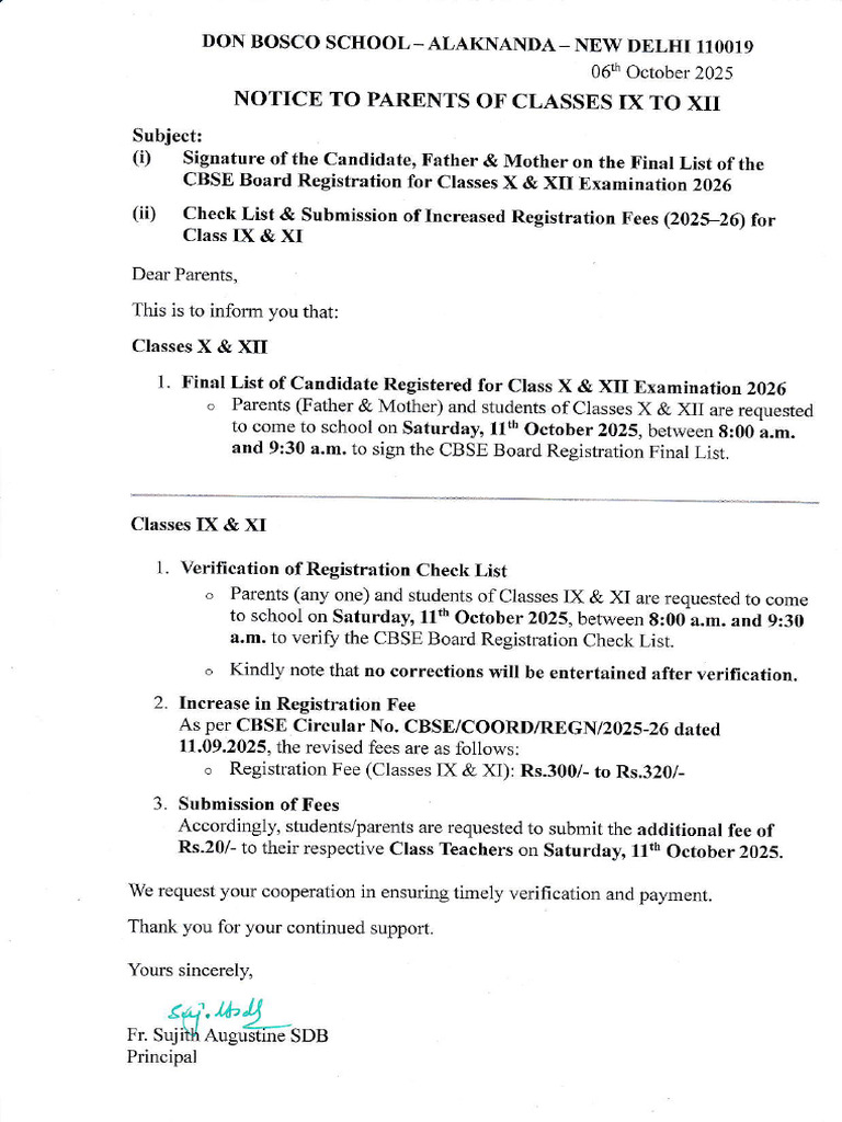 Cbse Registration 2025-26 - Notice To Parents of Classes Ix - Xii | PDF