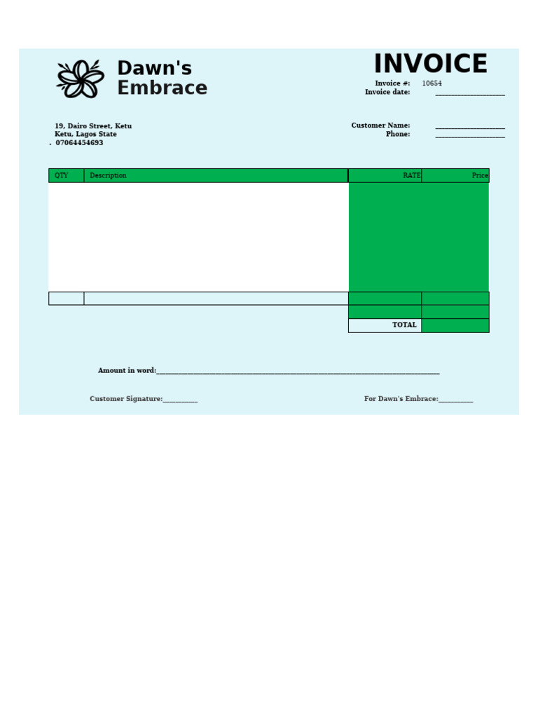 Dawn's Embrace Invoice #10654 | PDF