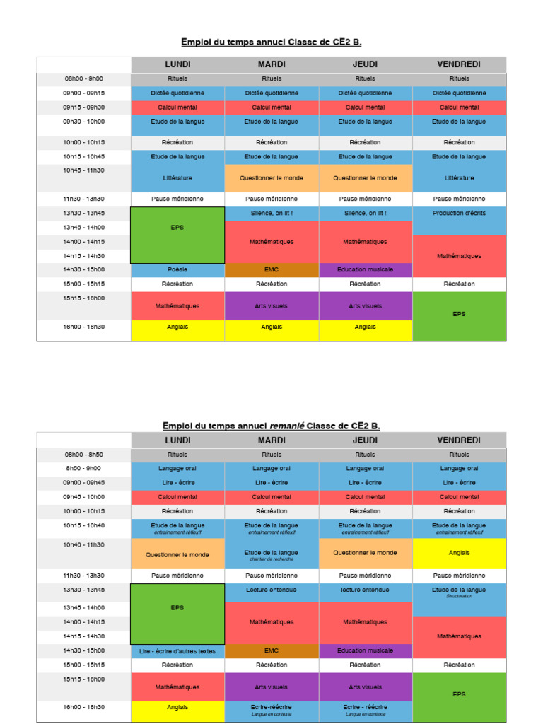 Emploi du temps CE2 B annuel détaillé | PDF | la communication | Écriture