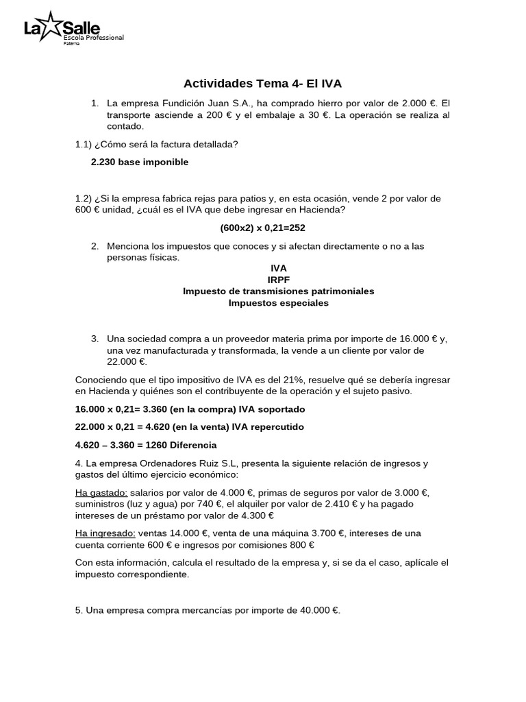 Actividades sobre IVA y Cálculo Fiscal | PDF | Impuestos | Impuesto al ...
