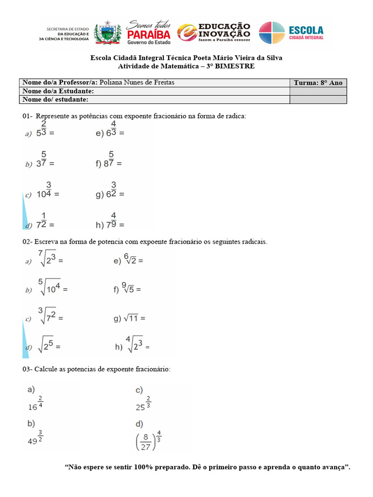 Atividade de Matemática - 8° Ano - 14-18-2024 | PDF