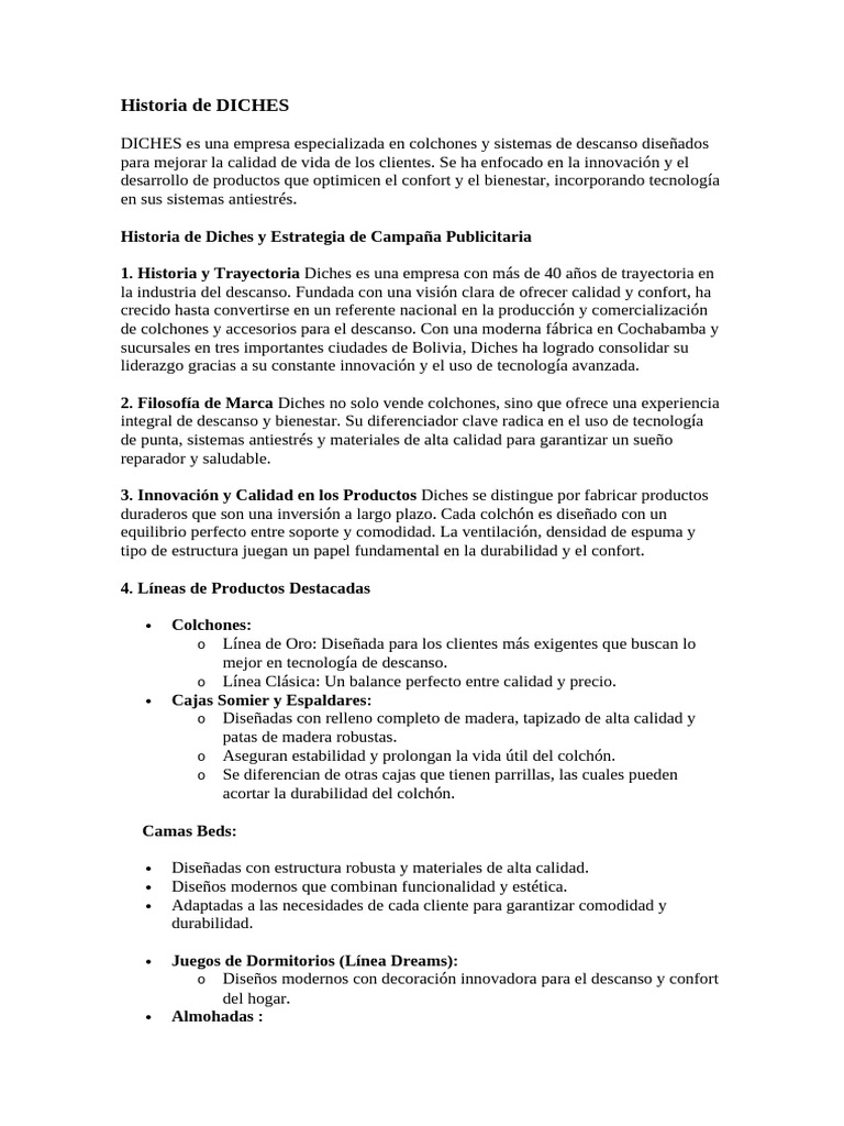 Historia de DICHES | PDF | Colchón | Marketing