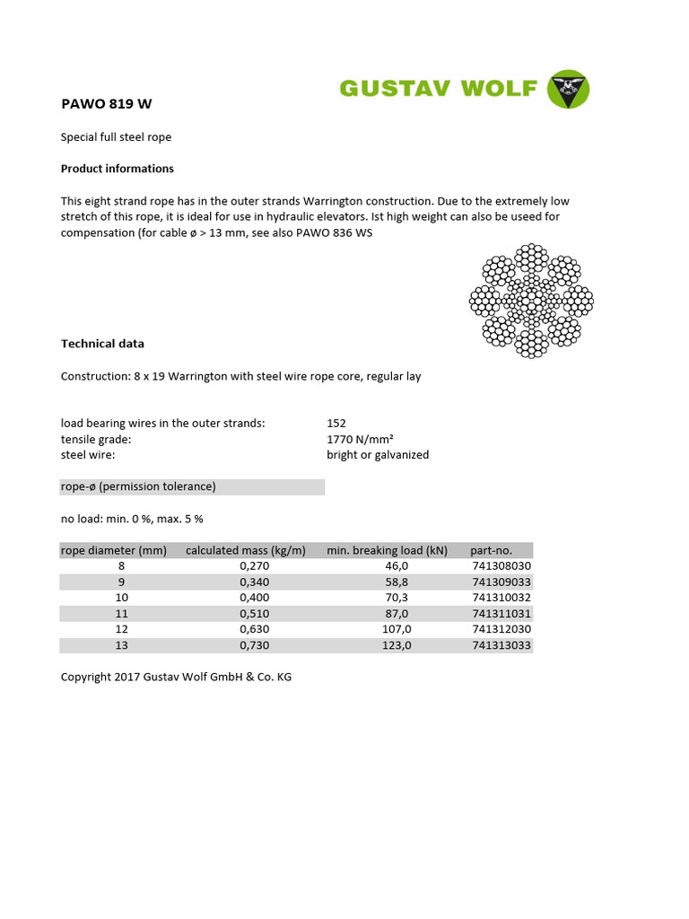 PAWO 819 W Steel Rope Specifications | PDF