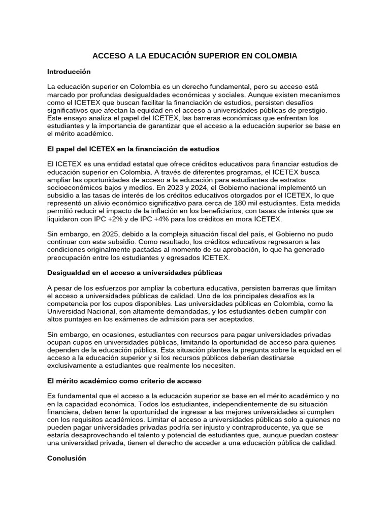 Acceso Equitativo a Educación Superior en Colombia | PDF | Colombia ...