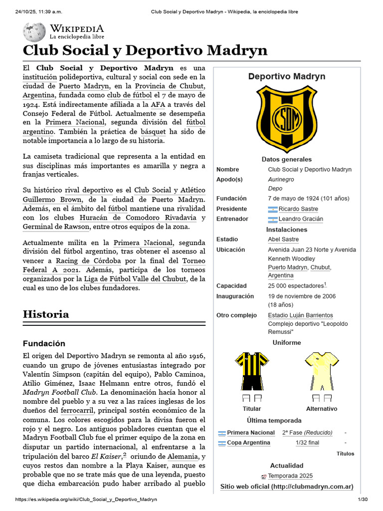 Club Social y Deportivo Madryn: Historia y Datos | PDF | Asociación de ...