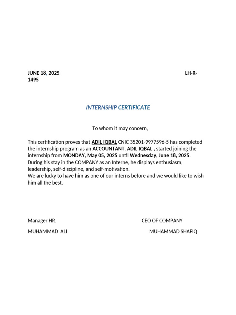 Internship Certificate for Accountant | PDF