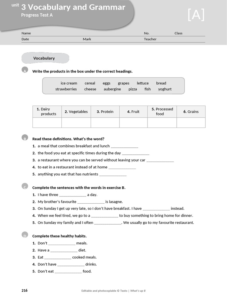 Food Vocabulary and Healthy Habits Test | PDF | Meal | Foods