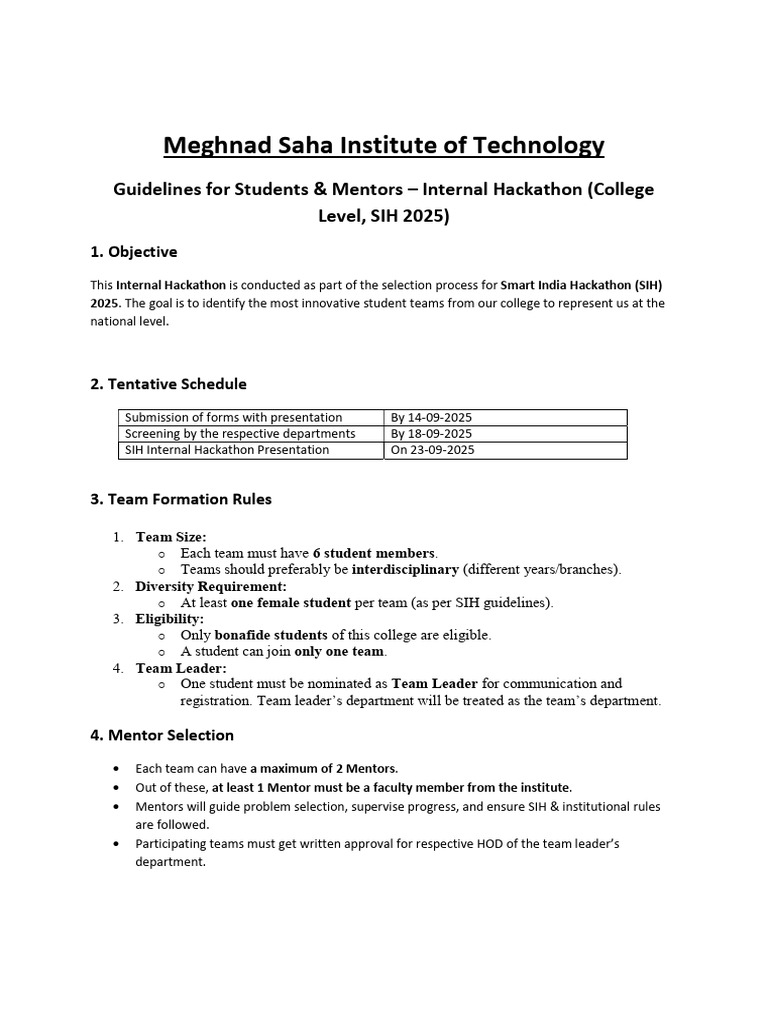 Guidelines For Students For Internal SIH 2025, MSIT | PDF