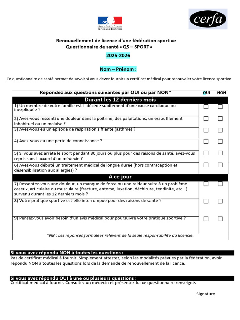 Questionnaire QS Sport 2025-2026 | PDF | Spécialités médicales ...