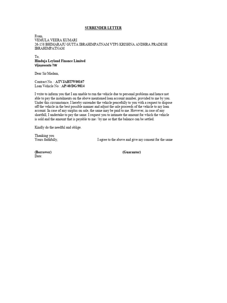 Vehicle Surrender Letter Template | PDF