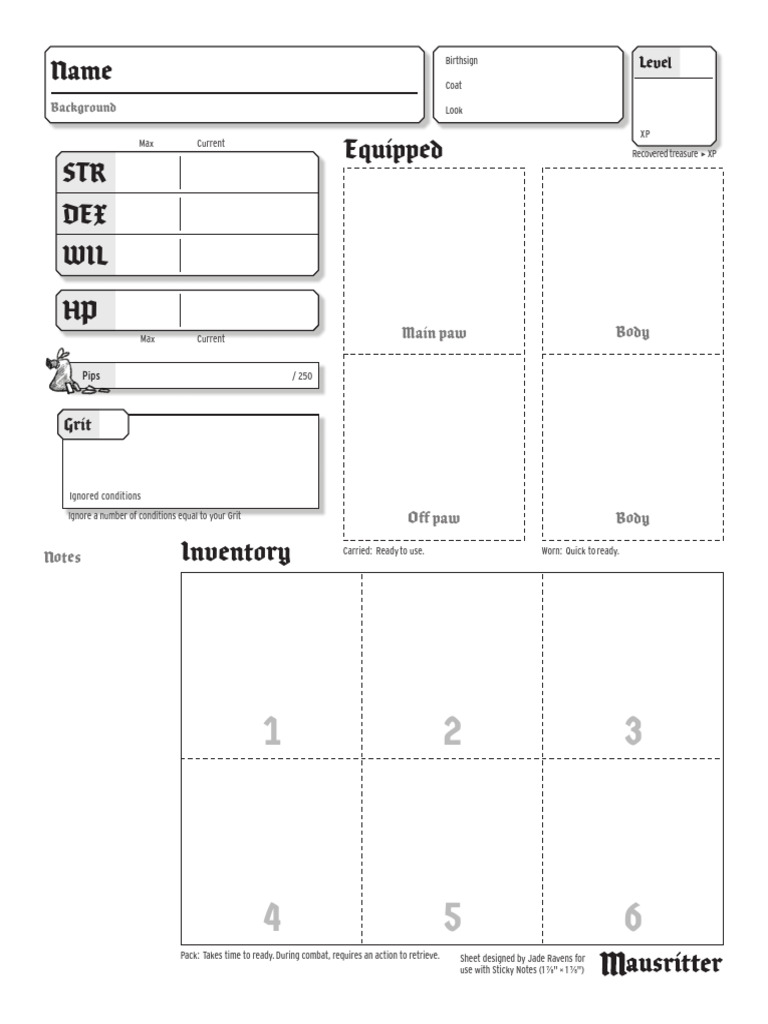 Mausritter Character Sheet PDF | PDF