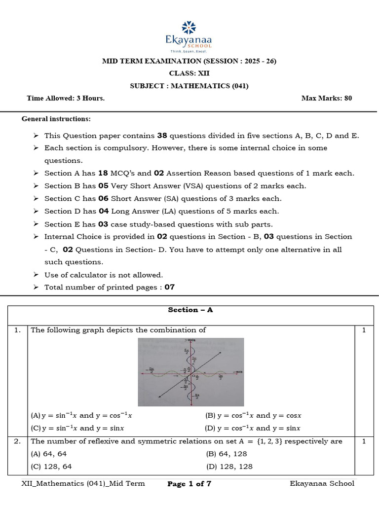 XII Mathematics Mid Term Exam 2025-26 | PDF | Mathematics | Geometry