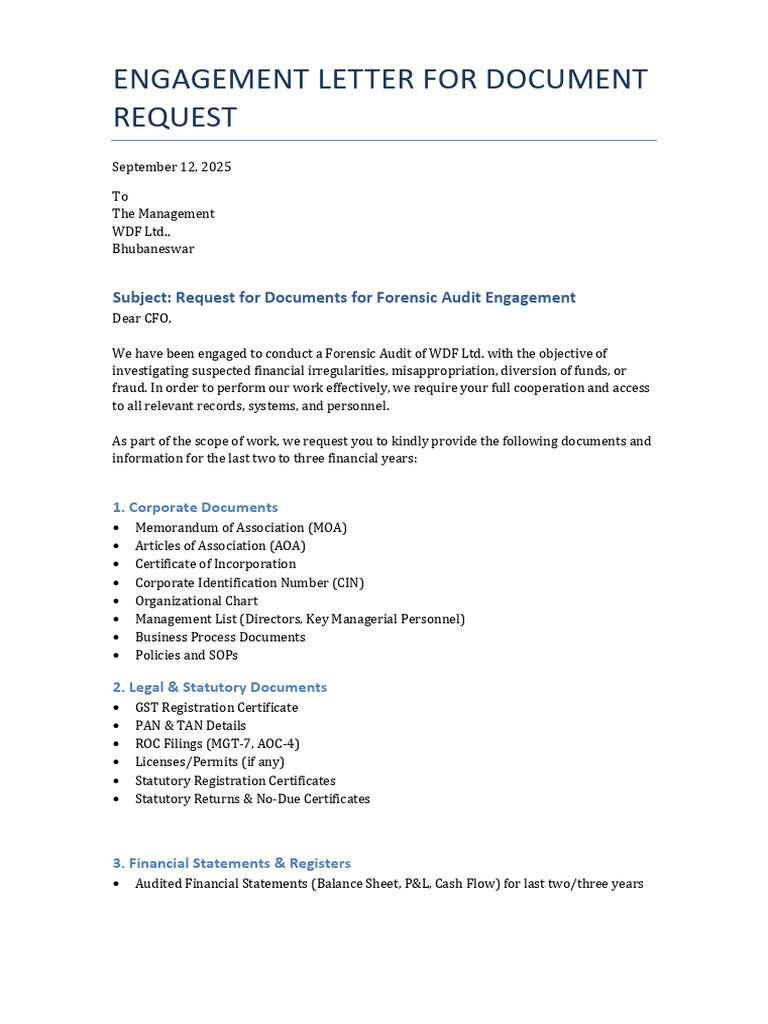 Forensic Audit Document Request Letter | PDF | Audit | Financial Audit