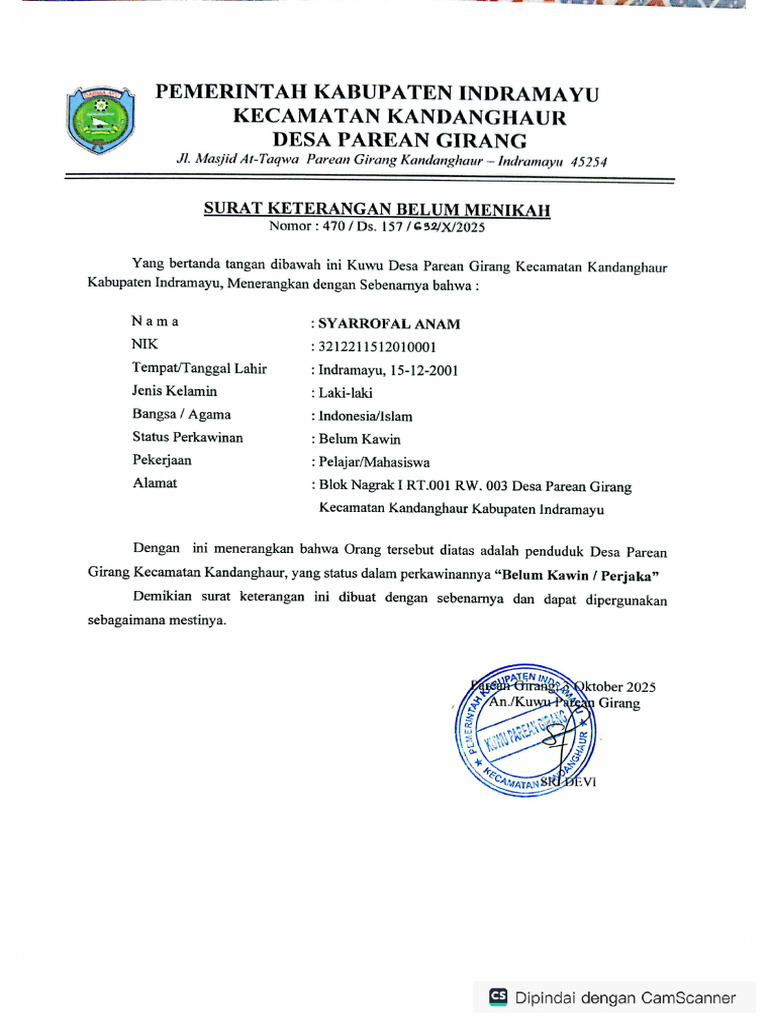 Surat Keterangan Belum Menikah | PDF