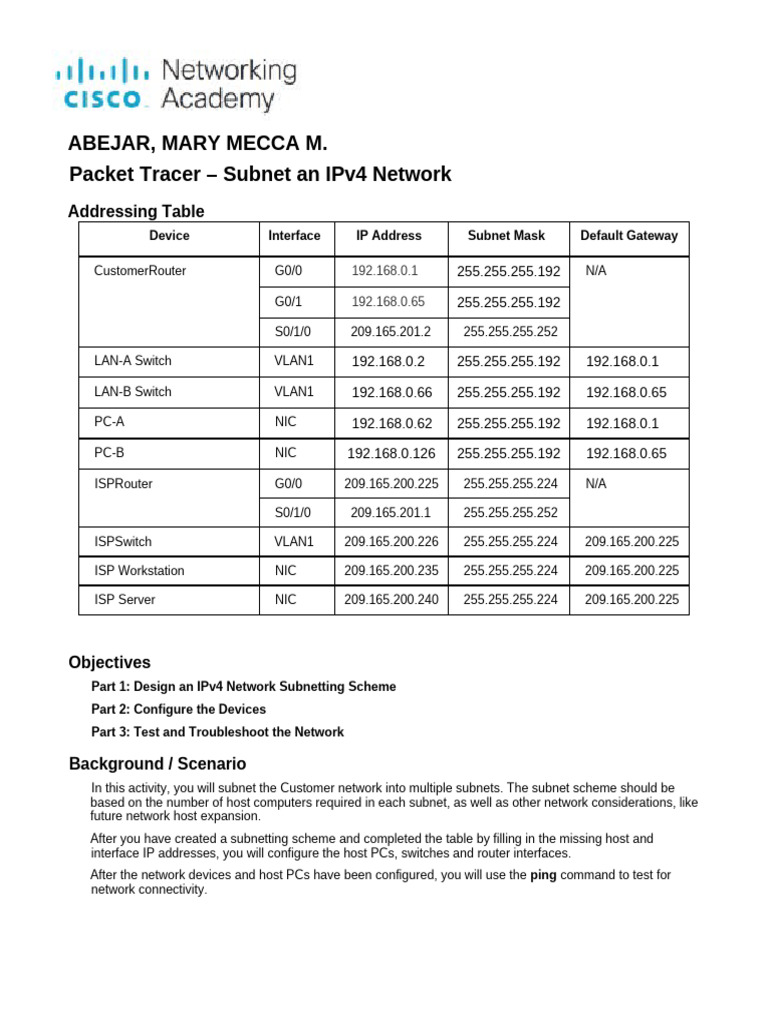 11.5.5 Packet Tracer - Subnet An IPv4 Network | PDF | Ip Address ...