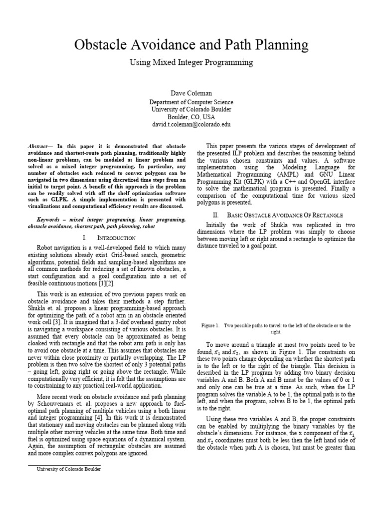 Obstacle Avoidance and Path Planning Using Mixed Integer Programming ...