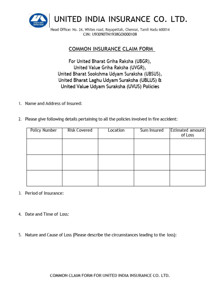 United India Insurance Claim Form | PDF