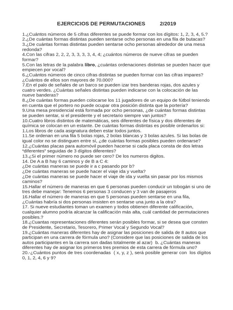 Ejercicios de Permutaciones y Combinaciones | PDF | Permutación